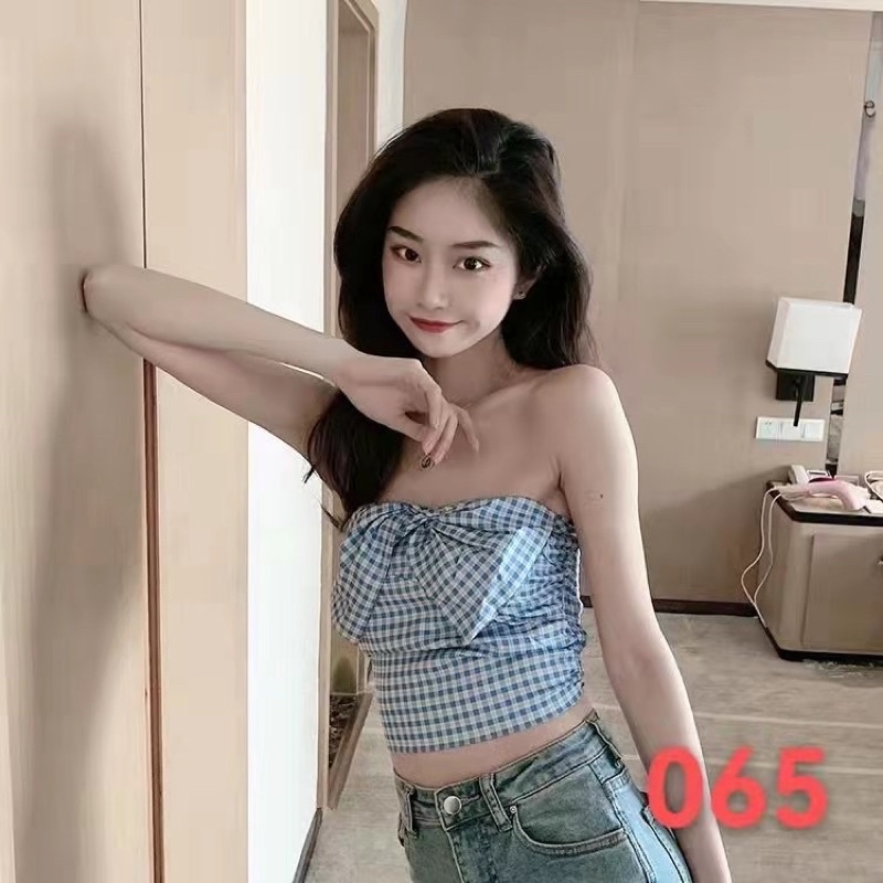 áo quây thô kẻ xanh nơ ngực