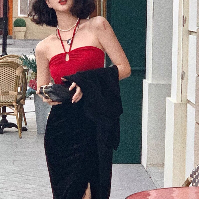 Chân váy nhung COZOK lưng cao phối ren phong cách cổ điển thời trang thu đông cho nữ