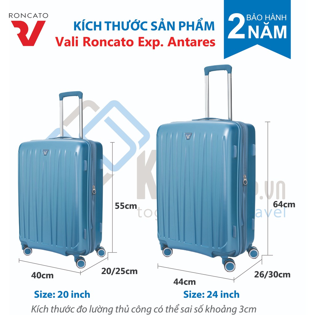 Vali du lịch Roncato Antares 24 inch, nhựa ABS dẻo chống va đập, khóa mã số, bánh xe kép xoay 360 độ