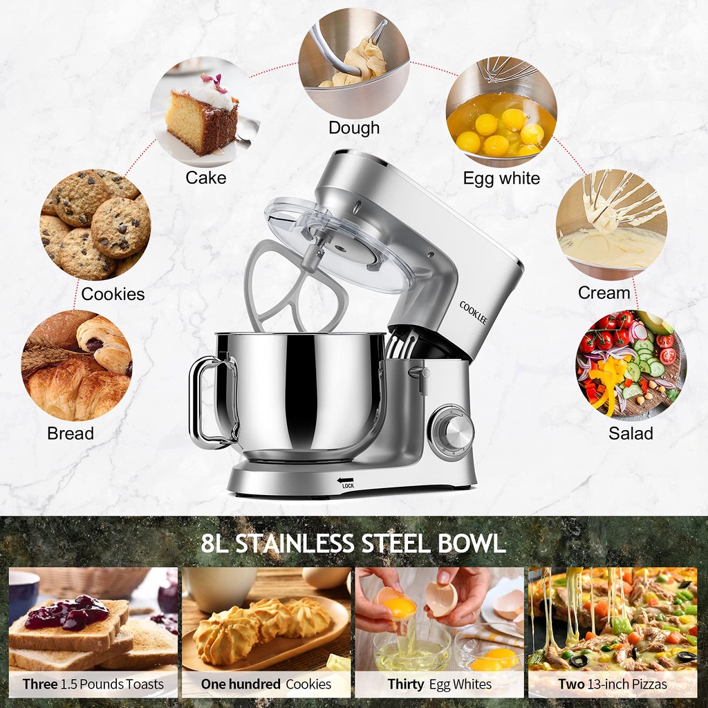 Máy nhào bột COOKLEE 8L 1500W SM-1551 10 tốc độ sử dụng- Bánh răng bằng kim loại nhào được 1.2 kg bột khô