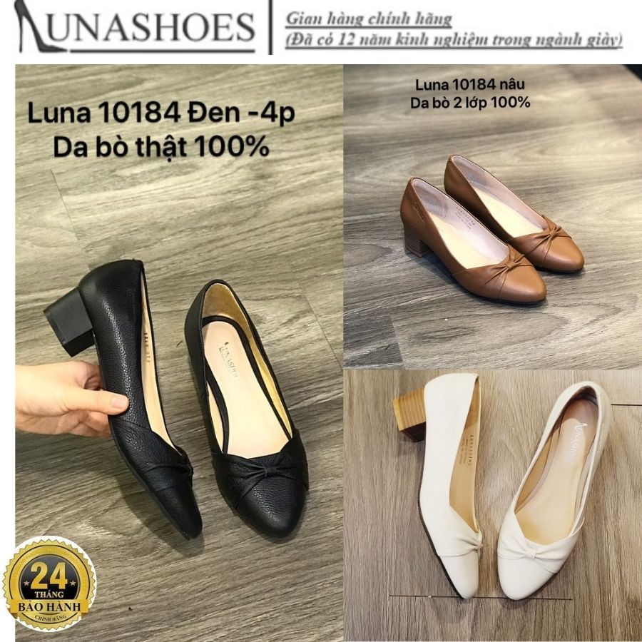 Giày cao gót nữ 4p LUNASHOES 10184 giày da bò thật nữ cho mẹ có nơ mềm êm chân bảo hành 2 năm guốc trung niên