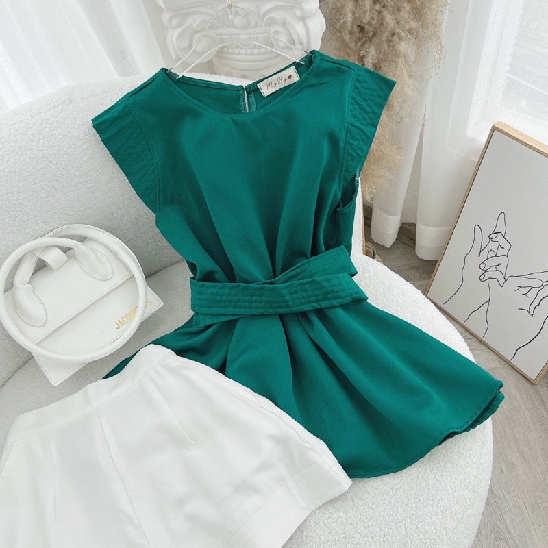 SET ÁO PELUM XANH THẮT EO + SHORT TRẮNG