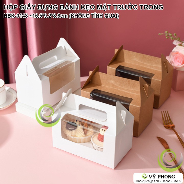 HỘP GIẤY CRAFT ĐỰNG BÁNH KẸO MẶT TRƯỚC TRONG SUỐT GIẤY KRAFT / TRẮNG ĐỰNG BÁNH KEM BÁNH CUỘN CÓ QUAI XÁCH HBK-0148