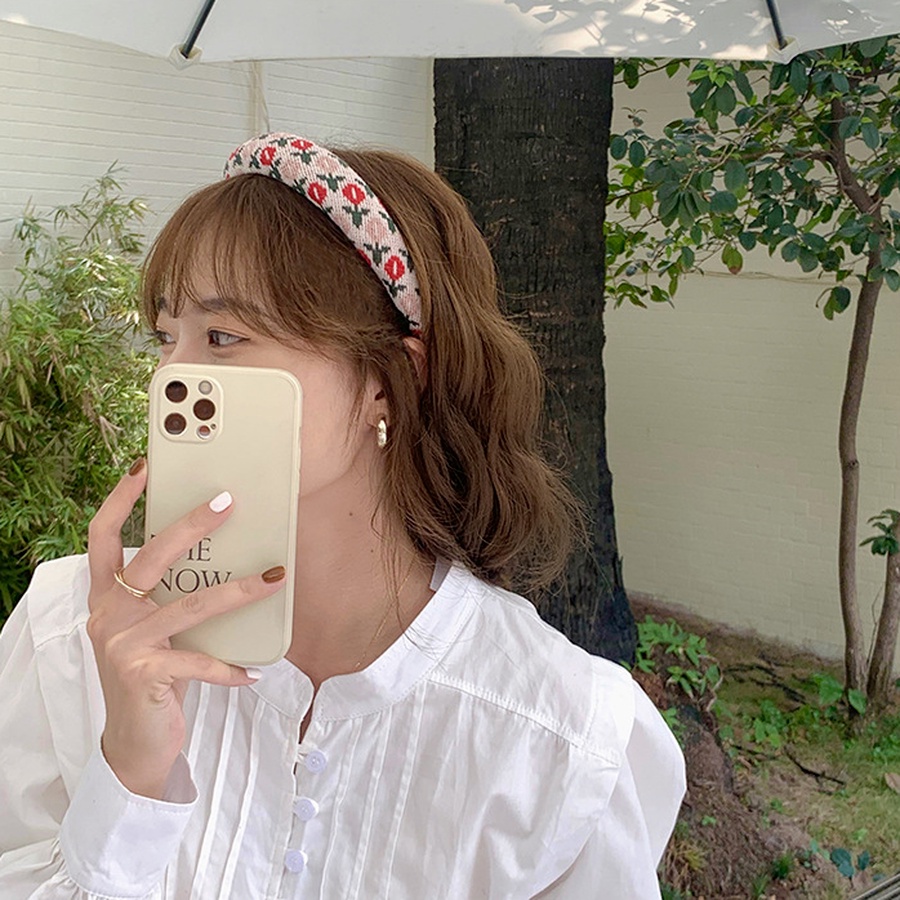 Băng đô cài tóc dệt kim phối hoa lá phong cách Hàn Quốc cổ điển thanh lịch