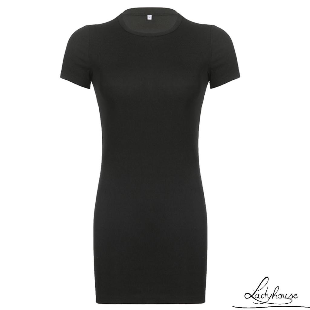 LDD-Women’s Casual Short Sleeve Dress Fashion Solid Color Tie-up Backless Skinny Short Dress