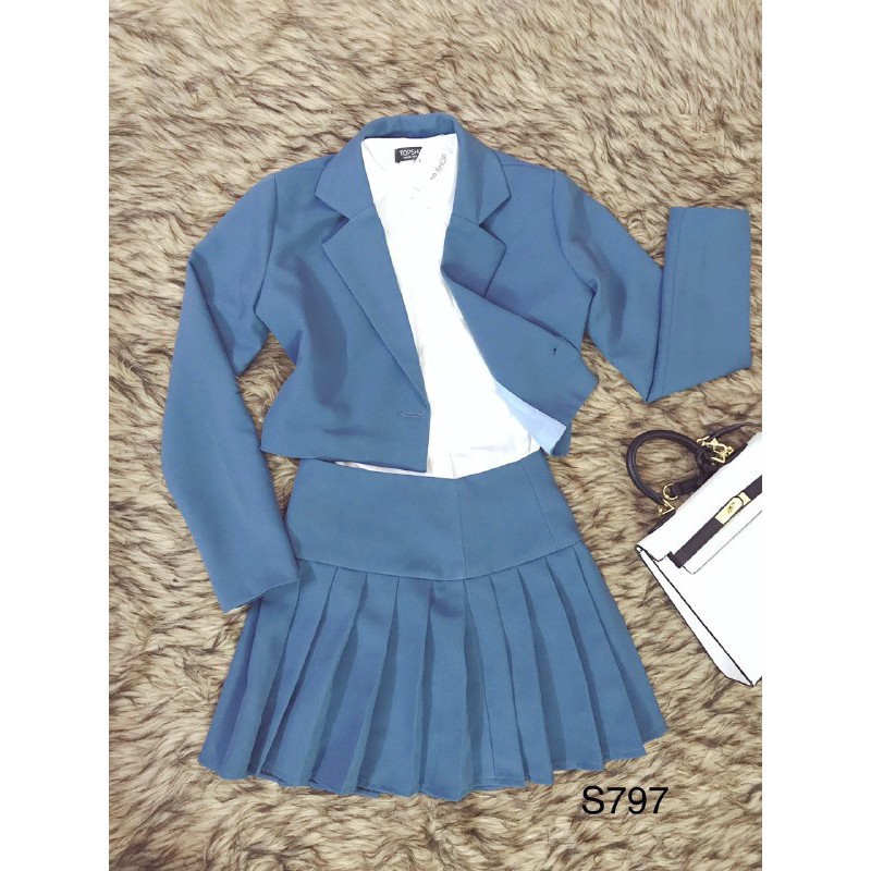 [ xả kho ] MiD Set áo vest và chân váy xếp ly xanh S797 Mie Design kèm ảnh thật