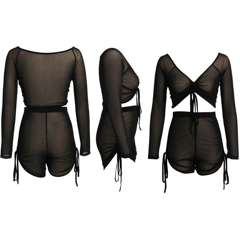 Set Đồ 2 Món Áo Tay Dài Cổ Chữ V Khoét Sâu Phối Quần Short Thời Trang Quyến Rũ Cho Nữ