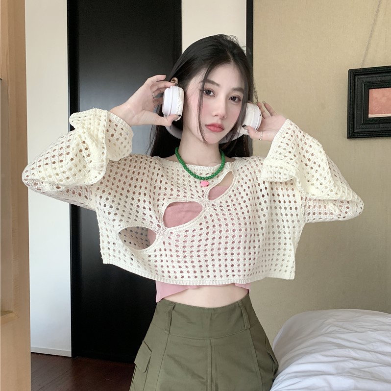 Áo croptop nữ Leeva Shop vải len đan xẻ cách điệu A386