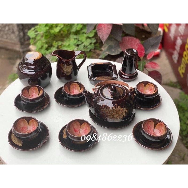 Bộ ấm chén HOA TRONG LÒNG CHÉN men nâu quết Bát Tràng - Bộ trà Bát Tràng