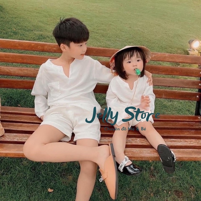 Set đồ bộ Gia Đình đũi tơ trắng, form dài tay cá tính, kèm ảnh thật