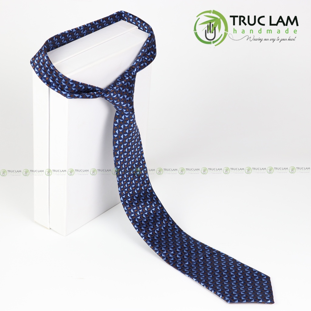 Cà Vạt Lụa 8cm Cho Nam Cao Cấp Họa Tiết Hình Khối Nâu Xanh Sang Trọng MS5 - Trúc Lâm Handmade