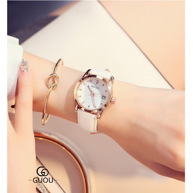 Đồng hồ nữ thời trang GUOU mặt số đính đá, dây da mềm mại ( Tặng pin dự phòng )- Sam Shop