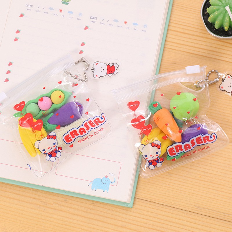 1 túi 4 cục tẩy hình rau củ quả - có dây để treo chìa khóa - túi zip