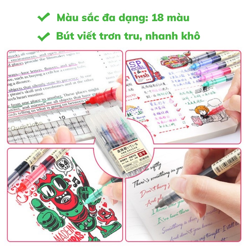 Bút Bi Nước Mực Gel DS 904 Nhanh Khô Ngòi 0.5mm 18 Màu Dùng Trong Văn Phòng Học Sinh Ghi Chú Take Note Vẽ Tranh Tiện Lợi