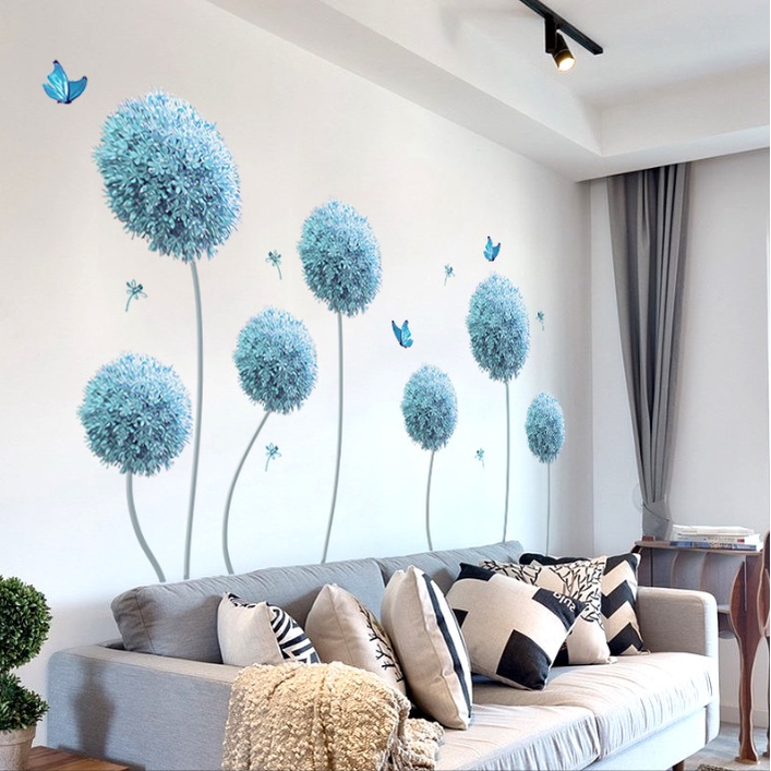Decal giấy dán tường - Hoa Bồ công anh xanh dương tinh tế size lớn ( 2 tấm có bán lẻ )
