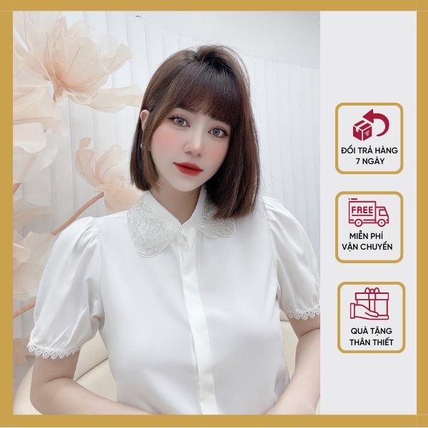Áo Sơ Mi Nữ Cộc Tay Màu Trắng Thiết Kế Cổ Ren, Dễ Phối Đồ, Chất Vải Mát Eva Shop