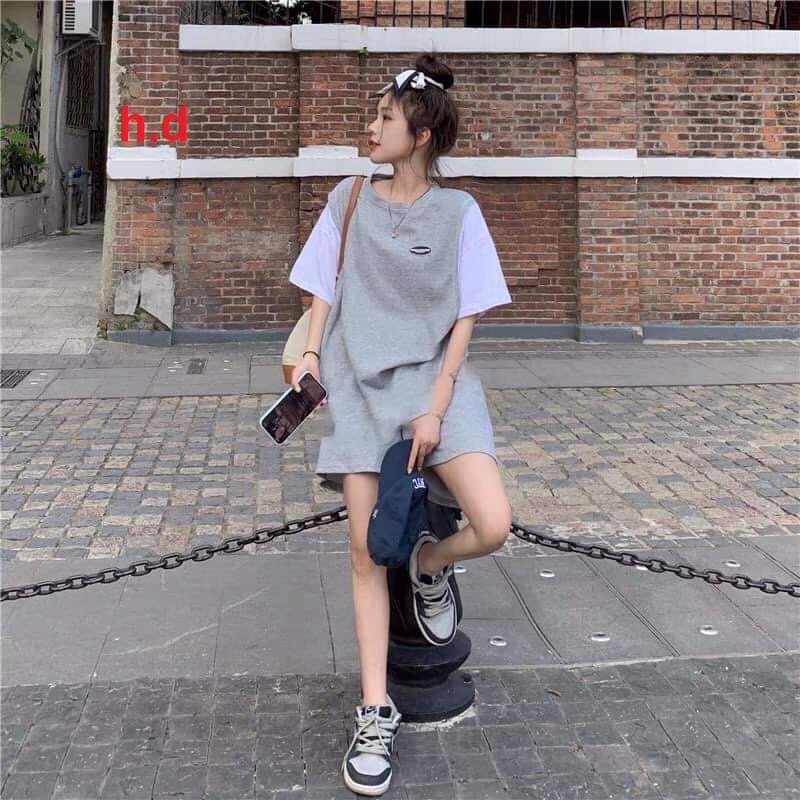 Sét Áo Phối xám Bóng Chày Logo+Quần Short Chất cotton form thụng tay lỡ UnisexForm &lt;55kgBộ mặc nhà ngủ mùa hè nam nữ