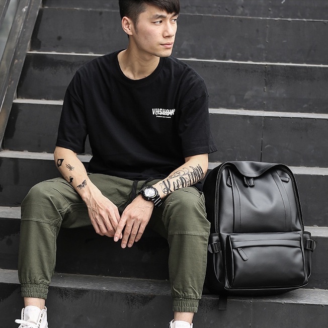 Ba Lô Da pu Màu Đen Đựng laptop 14inch Dành Cho Nam