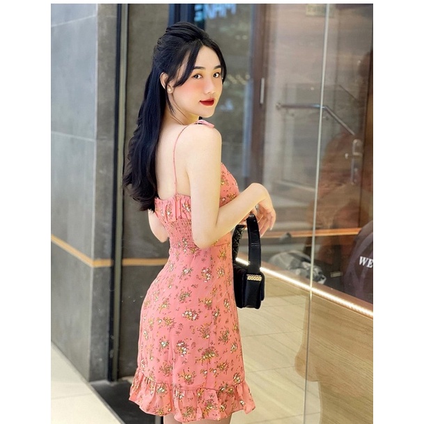 Váy đầm mini hoa nhí màu hồng hai dây