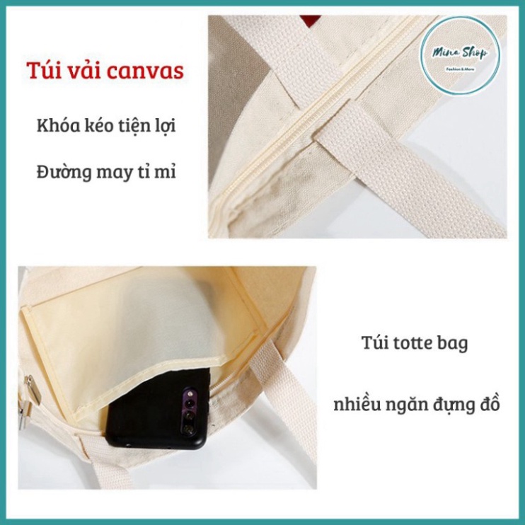 Túi vải canvas - Túi totte bag thời trang có khóa kéo, đeo đi học, đi chơi phong cách, thời trang, tiện lợi.