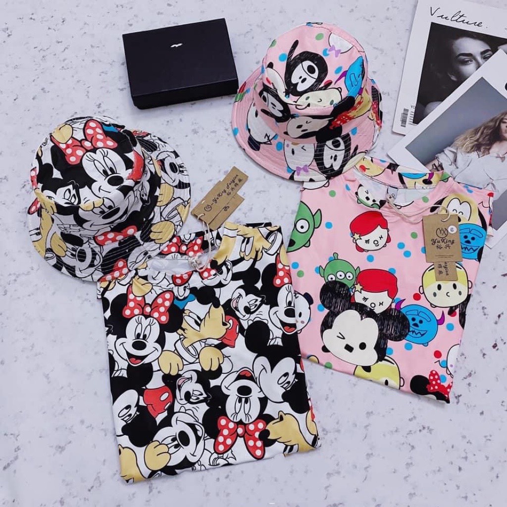 Váy bé gái, váy xuông chất thun 3D 4C họa tiết mickey tặng kèm mũ bucket cho bé sz 10-36kg