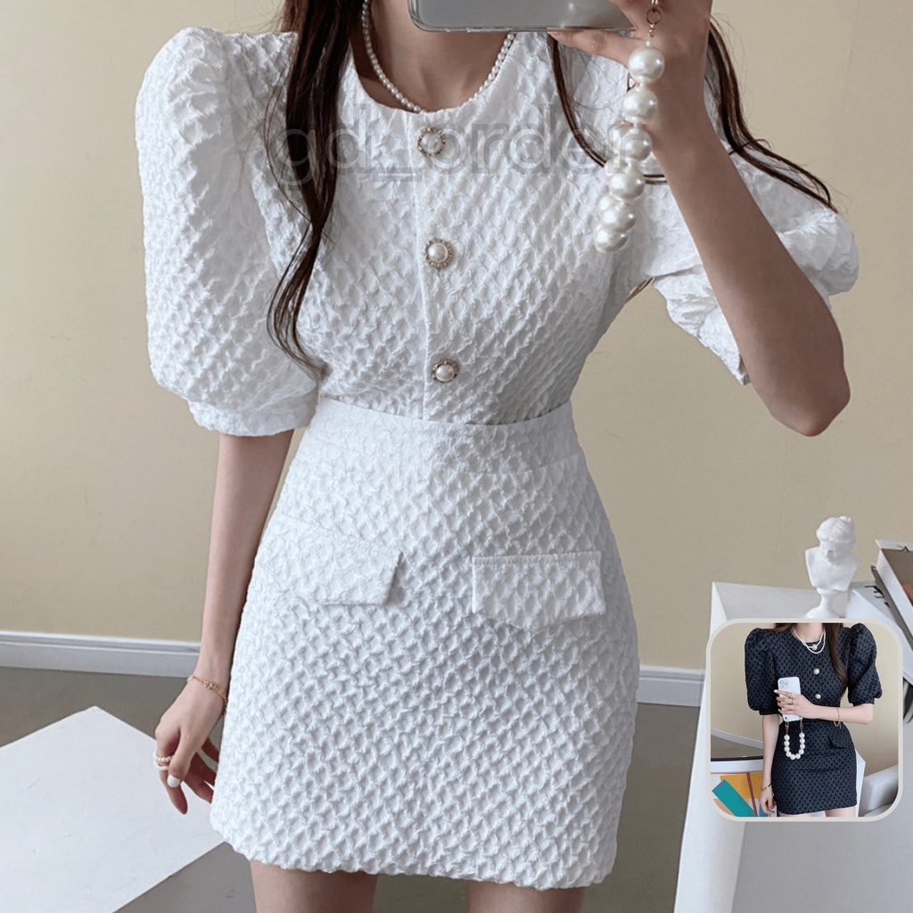 B60|Set bộ nữ sang trọng áo tay phồng thanh lịch đính ngọc, váy cạp cao ôm body màu trắng, đen gd_order