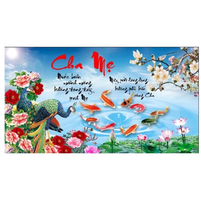 Tranh đính đá cha mẹ cá chép hoa sen ( 90 x 53 cm ) - chưa đính