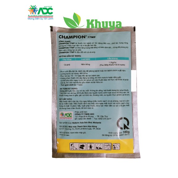 Thuốc trừ bệnh ADC Champion 77WP gói 100gr Đặc trị nấm hồng và thán thư