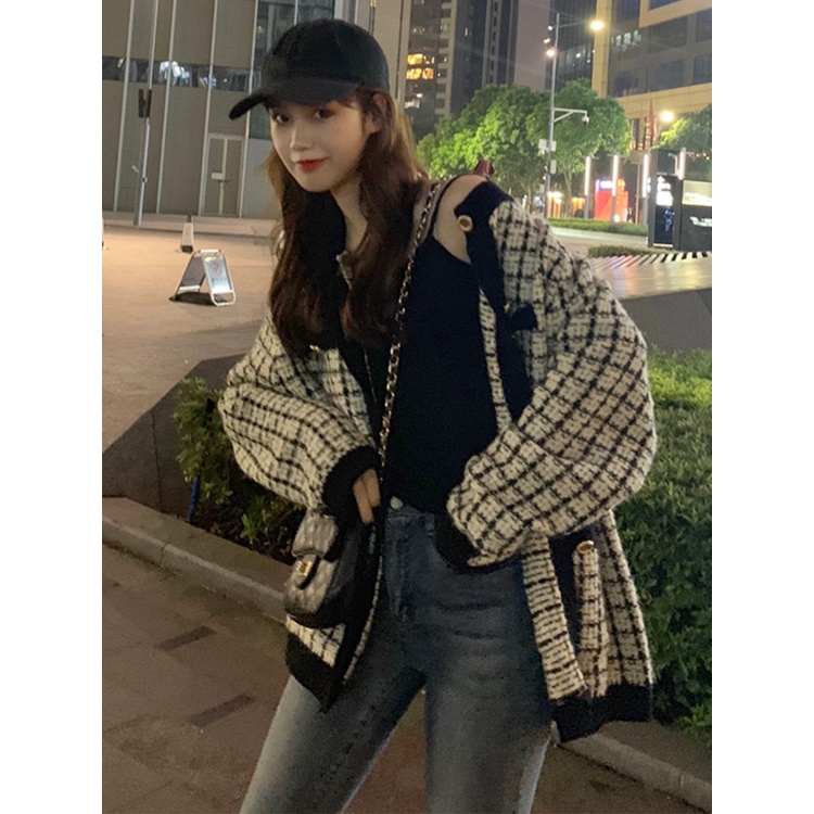 Áo  khoác cardigan len nữ dạ tweed Quảng châu họa tiết ziczac  màu xanh kem phong cách hàn quốc vintage ulzzang AC2