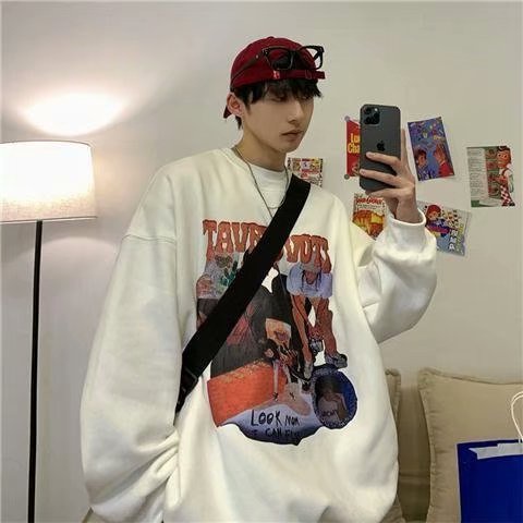 Áo sweater tay dài cổ tròn dáng rộng in họa tiết hoạt hình phong cách đường phố Hàn Quốc thời trang cho nam size M-5XL