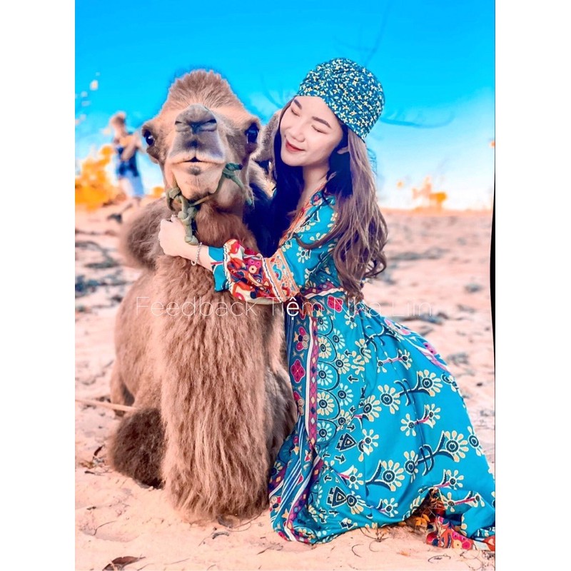 Đầm Thổ Cẩm Thêu Hoa Vintage chụp ảnh thời trang nữ mã 14 màu xanh