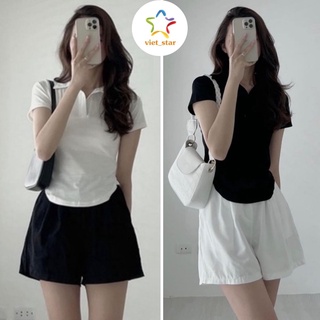 Set Bộ Đùi Cộc Tay SHR Nữ Quần Short Ngắn Áo Thun Polo Cổ Bẻ Vạt Bầu Hàn Quốc Ulzzang - VIETSTAR