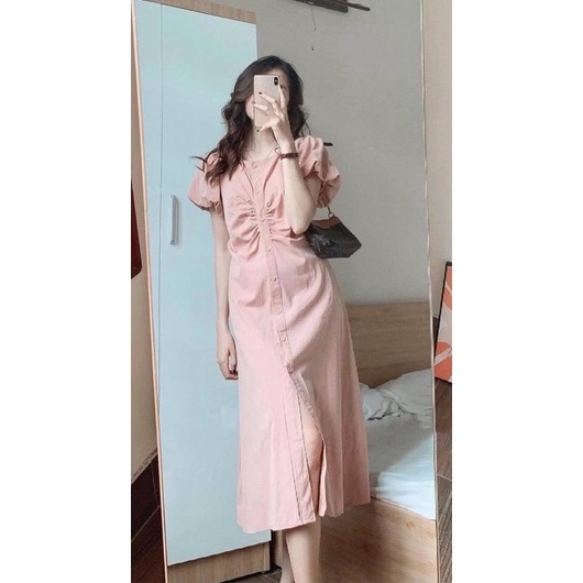 ✨ĐŨI XƯỚC✨Đầm hồng nhún ngực chất đũi xước loại đẹp