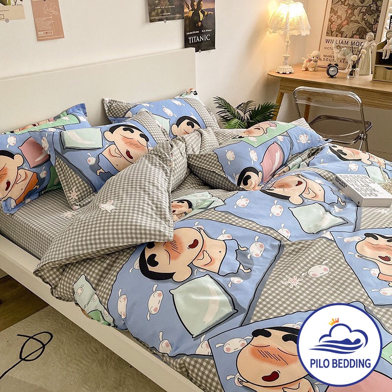 Bộ chăn ga gối Cotton Poly PILO BEDDING gồm vỏ chăn mền,drap ga giường và 2 vỏ gối nằm - PL Cậu bé shin