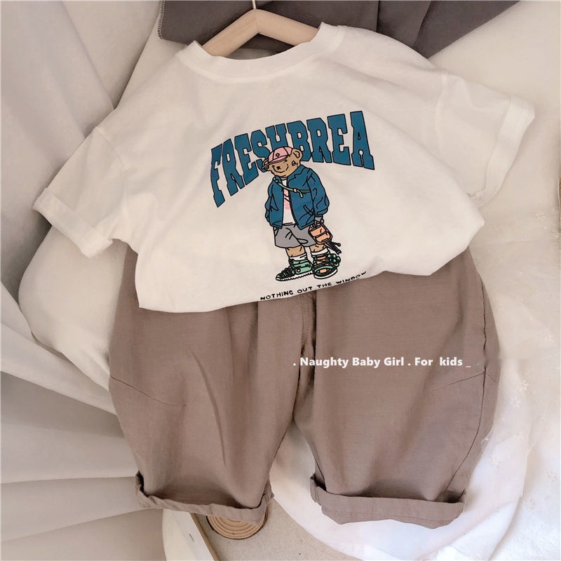 MNGRL Áo Thun Tay Ngắn Cotton In Thoải Mái Mềm Mát Hàn Quốc Mùa Hè Cho Bé Trai