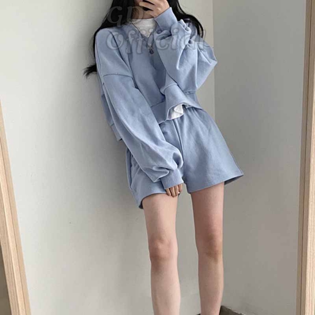 N2|Set bộ nỉ cổ tròn nữ áo croptop hoodie dài tay phồng bông dày dặn, quần short đùi thun cạp lưng cao rộng GD Official