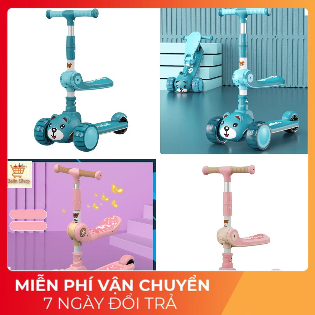 Xe Scooter Cho Bé Hình Gấu Bear Có Nhạc Và Đèn Phát Sáng, Bảo Hành 1 Đổi 1, Xe Trượt Scooter Cho Bé Chòi Chân8