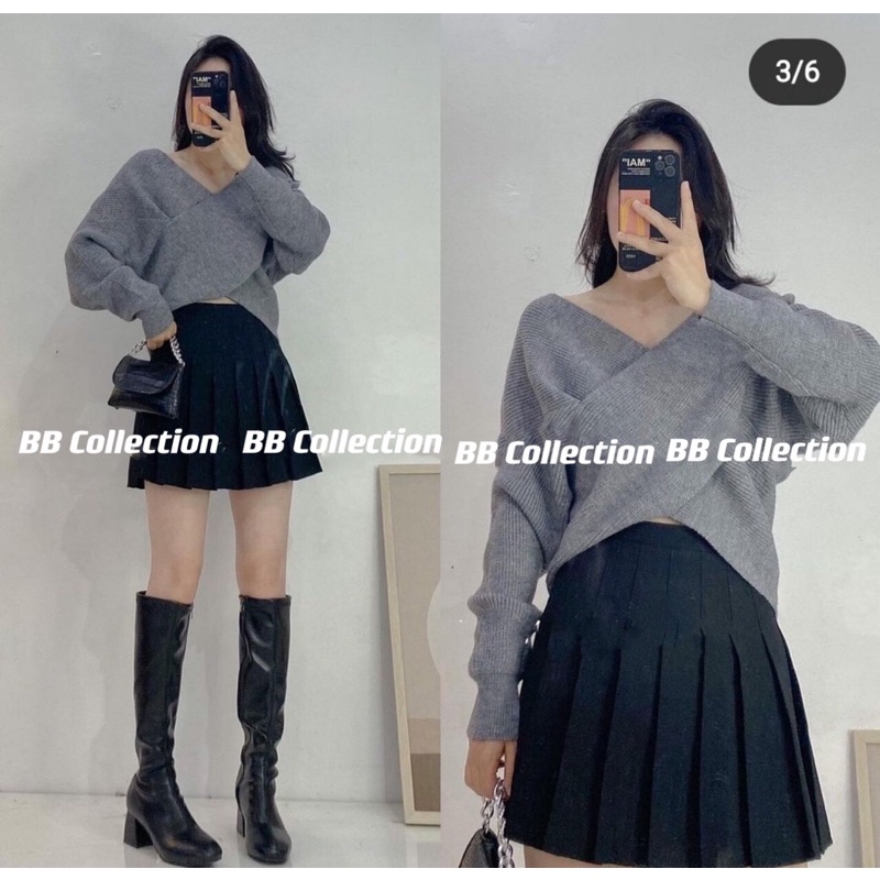 Áo len dài tay trễ vai vạt chéo hàng Quảng Châu sang chảnh