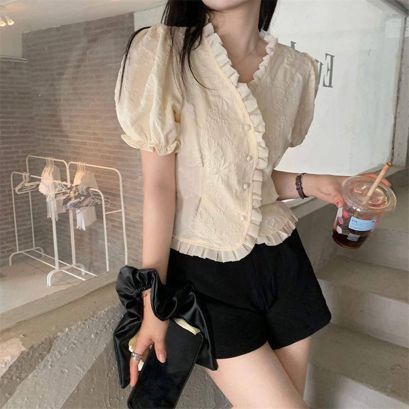 Áo Kiểu Tay Phồng Cổ Chữ V Phong Cách Pháp Hợp Thời Trang Hè Cho Nữ