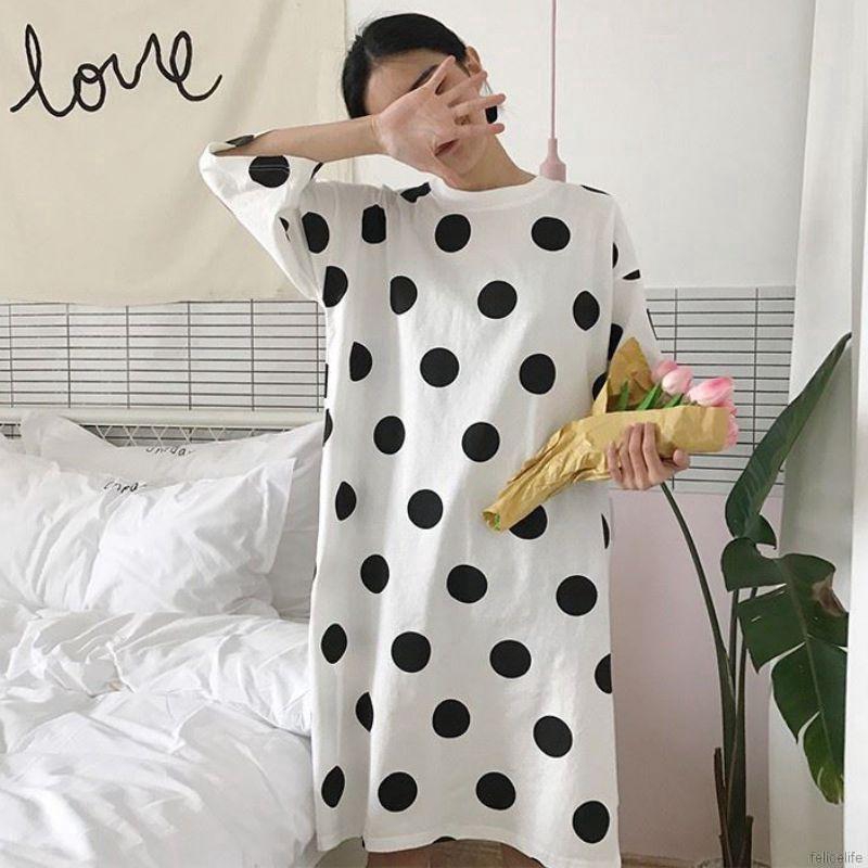 Đầm ngủ vải lụa hoạ tiết chấm bi in thiết kế dáng rộng thoải mái