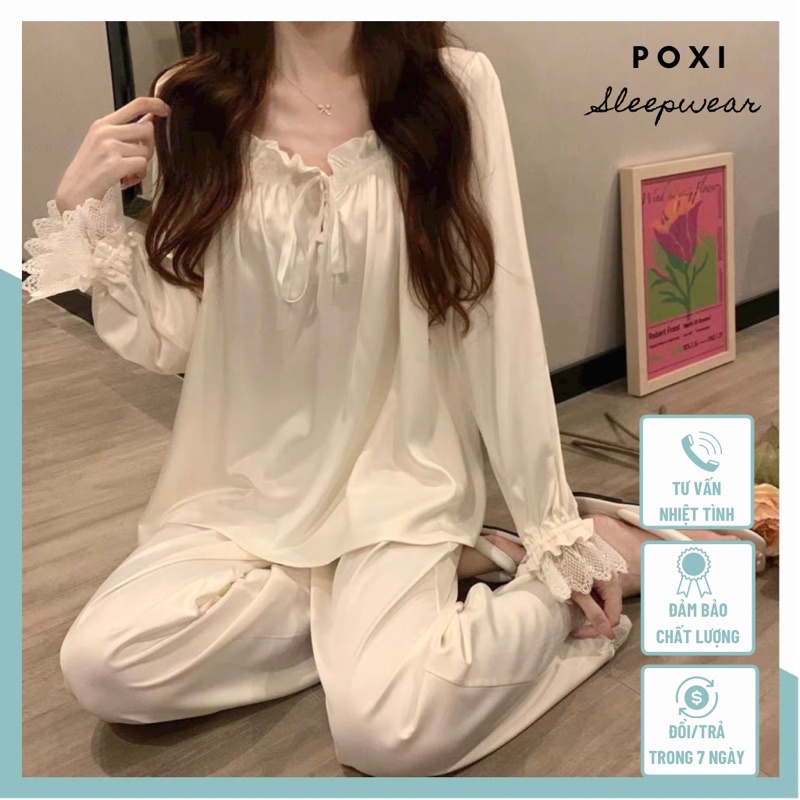 Bộ đồ ngủ nữ tay dài màu trắng bo chun đính ren dễ thương