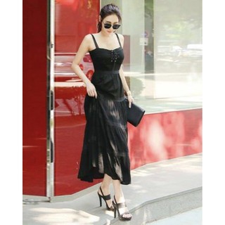 Đầm maxi lỡ hai dây viền tầng dây luồn trước ngực