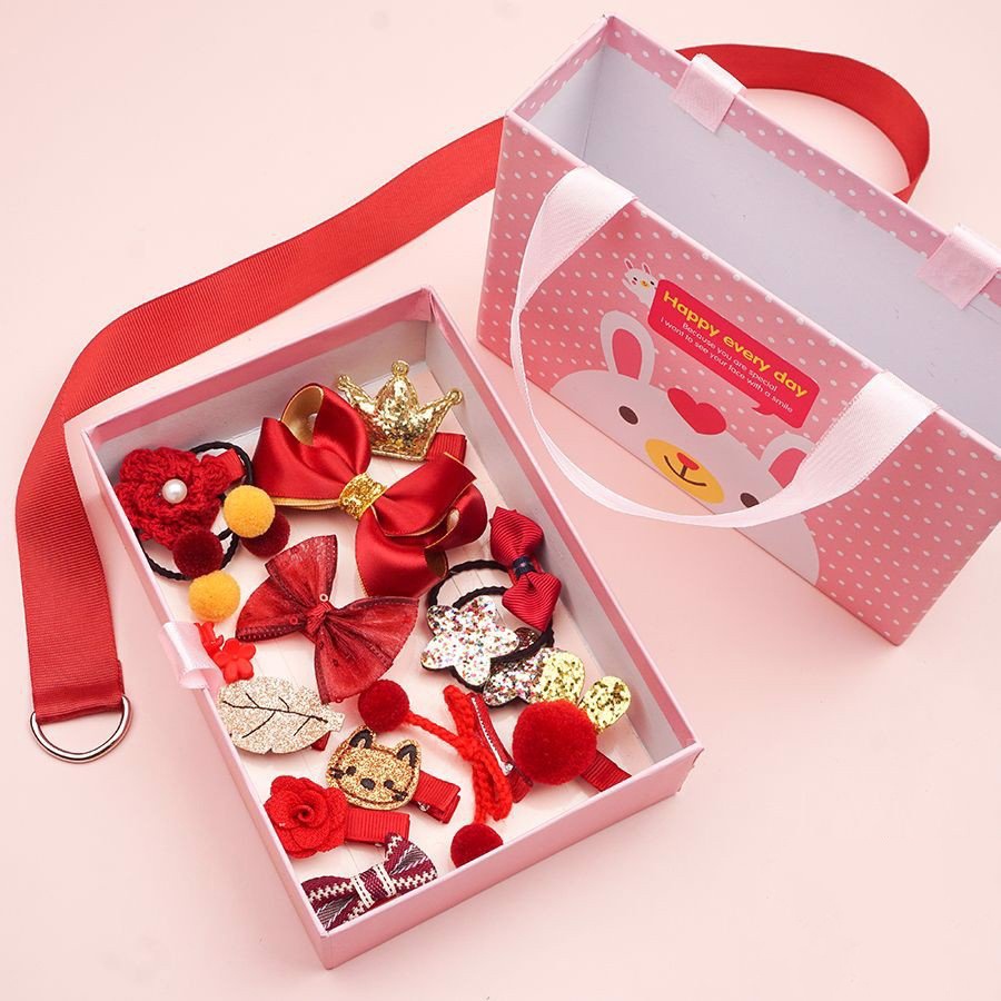 Hộp kẹp tóc quà tặng cho bé gái 18 phụ kiện siêu dễ thương iLita phong cách Hàn Quốc đủ màu (Hồng, Đỏ, Tím)