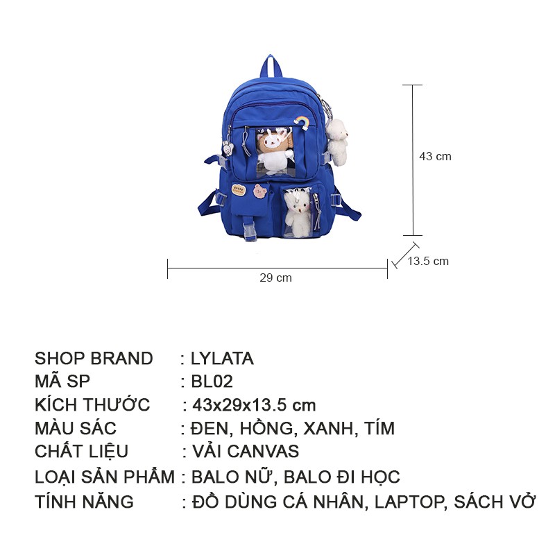 Balo nữ đẹp đi học thời trang giá rẻ nhỏ cá tính LYLATA BL02 (không có gấu bông)