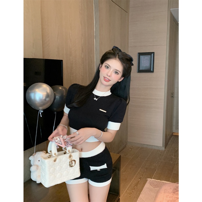 Cocory vn Bộ Áo Dệt Kim Ngắn Tay + Quần Short Lưng Cao Dáng Ôm Thời Trang Quyến Rũ Cho Nữ