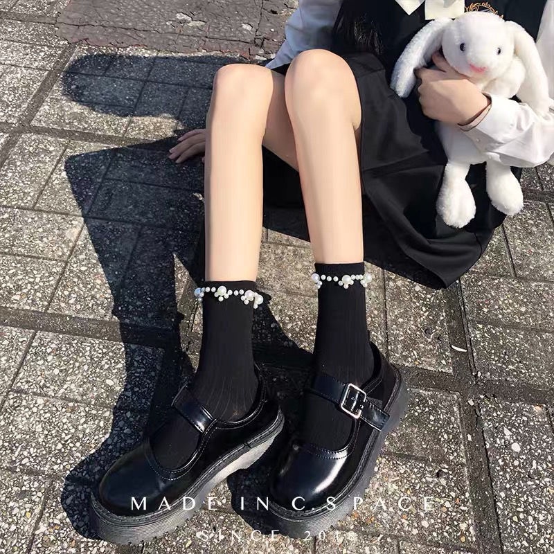 Tất ống phối ren đính ngọc trai nhân tạo kiểu Nhật dễ thương dành cho nữ