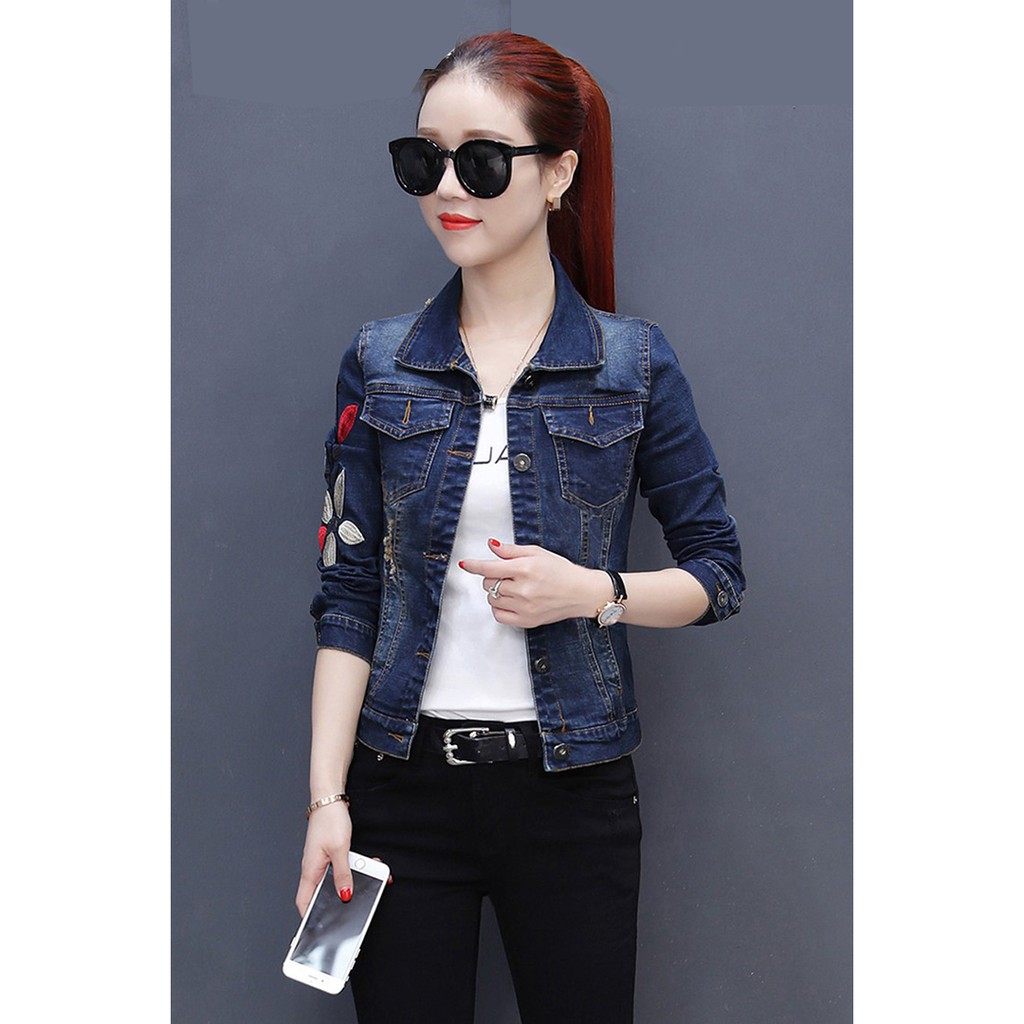 Áo Khoác Jean Nữ Dài Tay Thêu Hoa Kèm Khoen Túi,Áo Khoác Bò,Jean Dài Tay