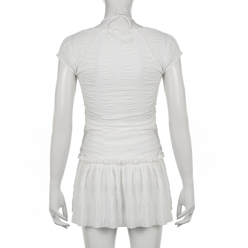 Đầm Tay Ngắn Cổ Vuông Xếp Ly Cột Dây Thời Trang Trẻ Trung Cho Nữ