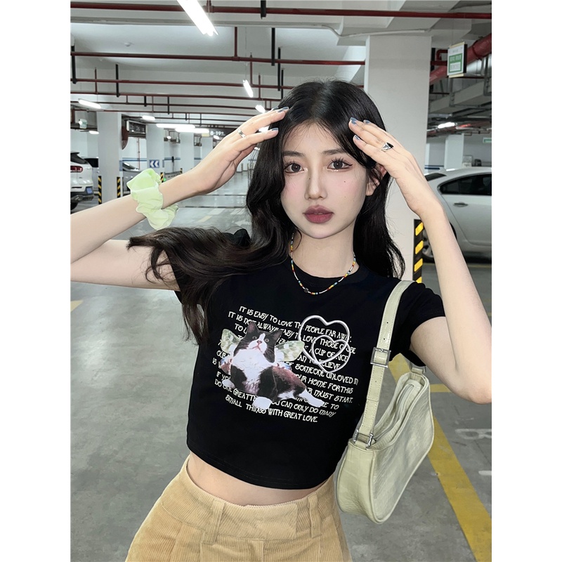 QKOOLE Áo croptop nữ  tay ngắn in họa tiết thời trang Hàn Quốc