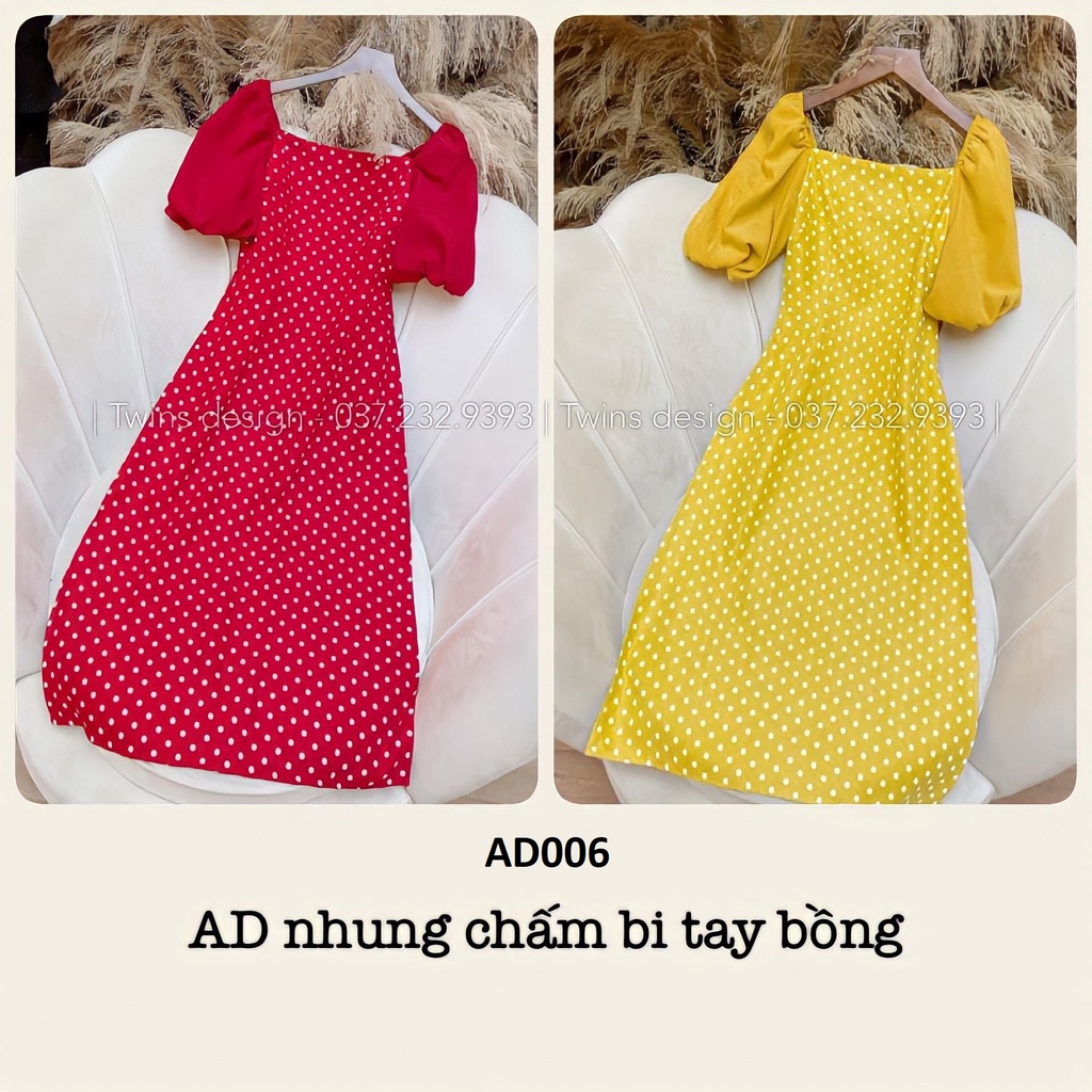 Áo dài nữ KÈM QUẦN, áo dài cách tân TWINS STORE chất nhung, họa tiết chấm bi, tay bồng nhẹ - AD006